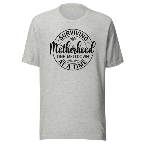 surviving-motherhood-one-meltdown-at-a-time-mom-tee-parents-t-shirt-mom-tee-motherhood-t-shirt-parenting-tee#color_athletic-heather