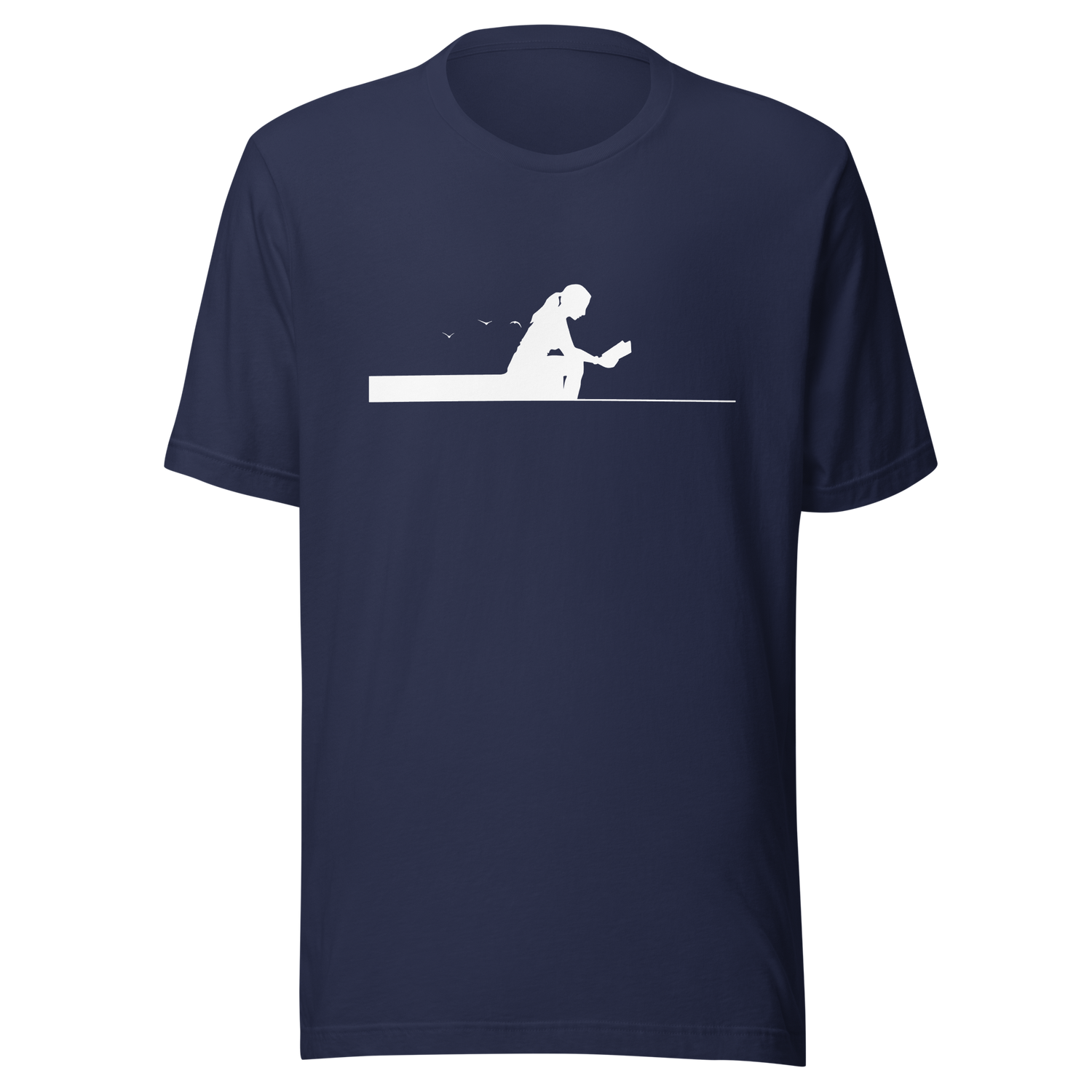 lady-reading-book-sitting-on-edge-of-pier-silhouette-reading-tee-read-t-shirt-books-tee-lake-t-shirt-ladies-tee#color_navy