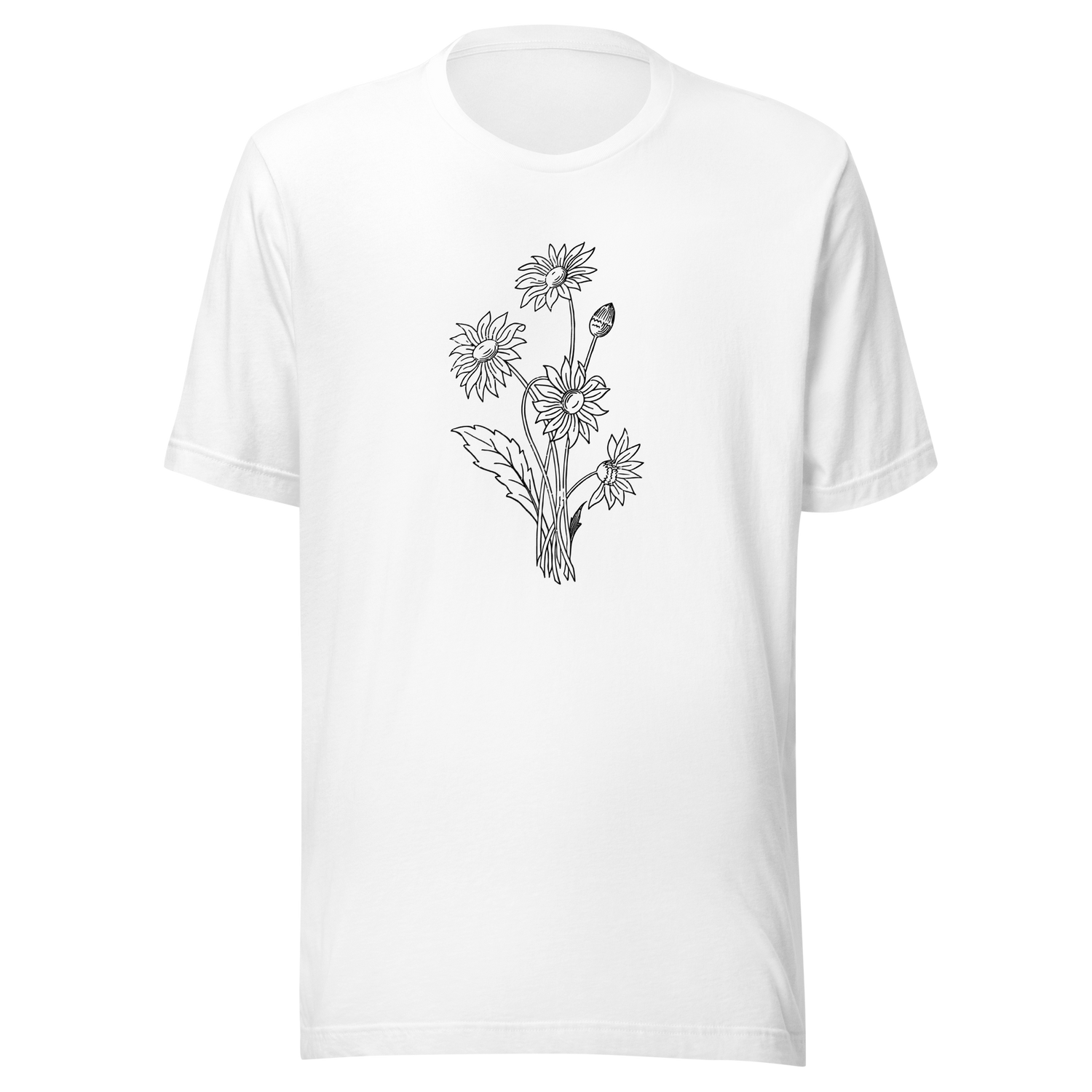 bouquet-of-sunflowers-black-and-white-outline-sunflower-tee-flower-t-shirt-yellow-tee-floral-t-shirt-ladies-tee#color_white