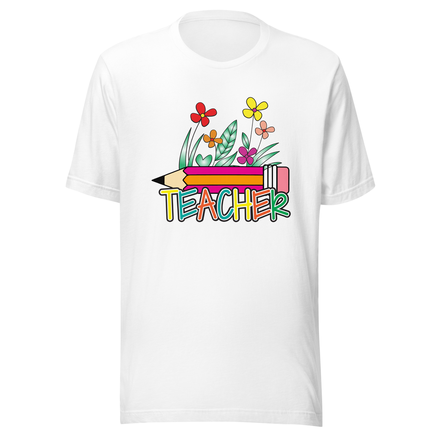 teacher-with-pencil-and-flowers-teacher-tee-teaching-t-shirt-school-tee-t-shirt-tee#color_white