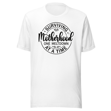 surviving-motherhood-one-meltdown-at-a-time-mom-tee-parents-t-shirt-mom-tee-motherhood-t-shirt-parenting-tee#color_white