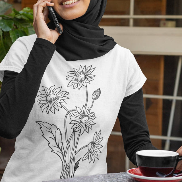 bouquet-of-sunflowers-black-and-white-outline-sunflower-tee-flower-t-shirt-yellow-tee-floral-t-shirt-ladies-tee#color_white