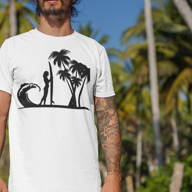 surfer-standing-on-beach-with-wave-and-palm-trees-surf-tee-beach-t-shirt-surfer-tee-beach-t-shirt-surfing-tee#color_white