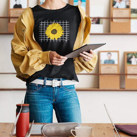 sunflower-on-a-grid-background-sunflower-tee-yellow-t-shirt-flower-tee-floral-t-shirt-ladies-tee#color_black