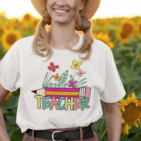 teacher-with-pencil-and-flowers-teacher-tee-teaching-t-shirt-school-tee-t-shirt-tee#color_white