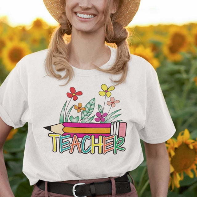 teacher-with-pencil-and-flowers-teacher-tee-teaching-t-shirt-school-tee-t-shirt-tee#color_white
