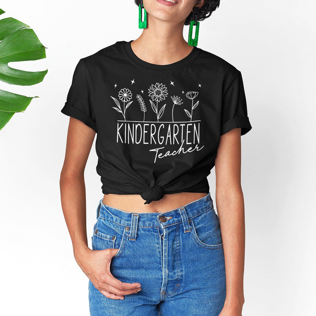 kindergarten-teacher-with-wildflowers-teacher-tee-passionate-t-shirt-creative-tee-nurturing-t-shirt-educator-tee#color_black