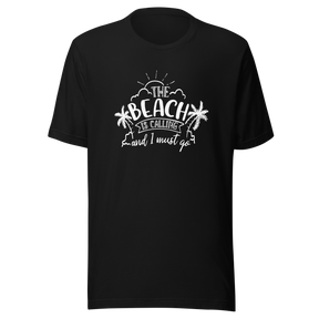 the-beach-is-calling-and-i-must-go-beach-tee-ocean-t-shirt-surfing-tee-outdoors-t-shirt-travel-tee#color_black