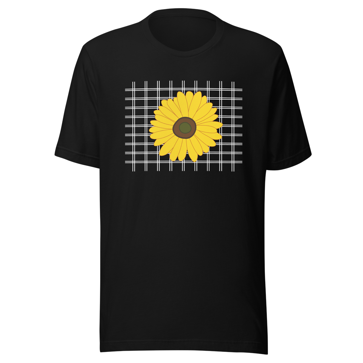 sunflower-on-a-grid-background-sunflower-tee-yellow-t-shirt-flower-tee-floral-t-shirt-ladies-tee#color_black