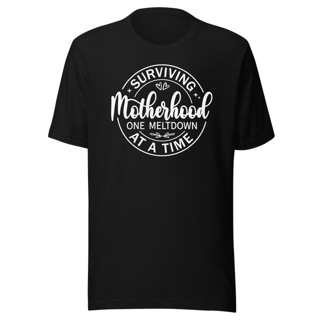 surviving-motherhood-one-meltdown-at-a-time-mom-tee-parents-t-shirt-mom-tee-motherhood-t-shirt-parenting-tee#color_black