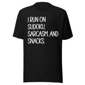 run-on-sudoku-sarcasm-and-snacks-humor-tee-snacks-t-shirt-sarcasm-tee-lifestyle-t-shirt-funny-tee#color_black