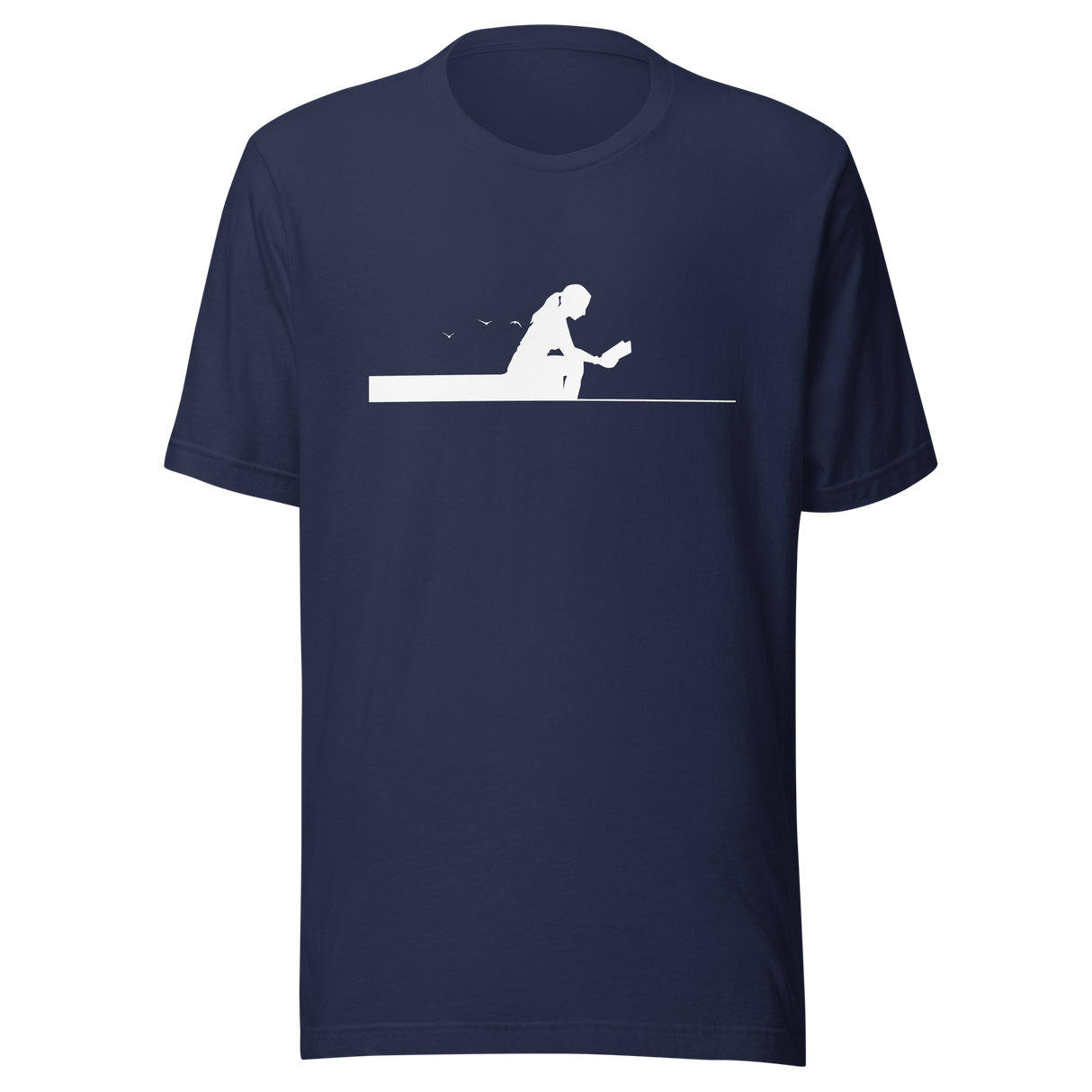 lady-reading-book-sitting-on-edge-of-pier-silhouette-reading-tee-read-t-shirt-books-tee-lake-t-shirt-ladies-tee#color_navy