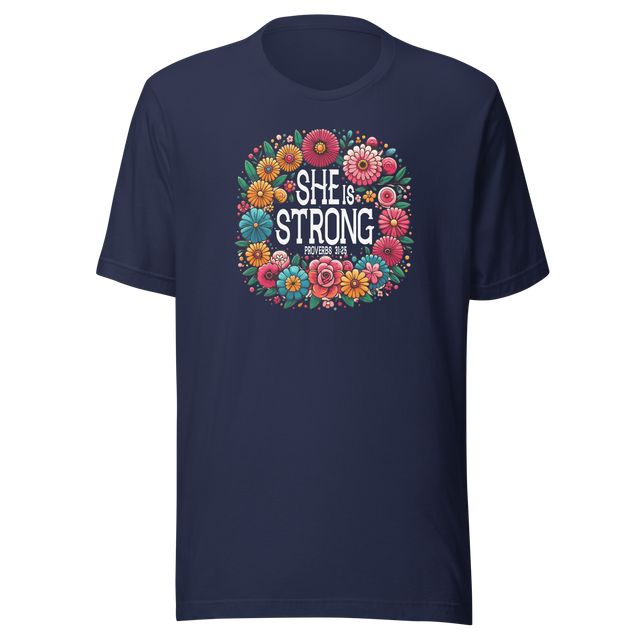 she-is-strong-proverbs-31-25-flowers-wreath-faith-tee-faith-t-shirt-strength-tee-women-t-shirt-proverbs-31-tee#color_navy