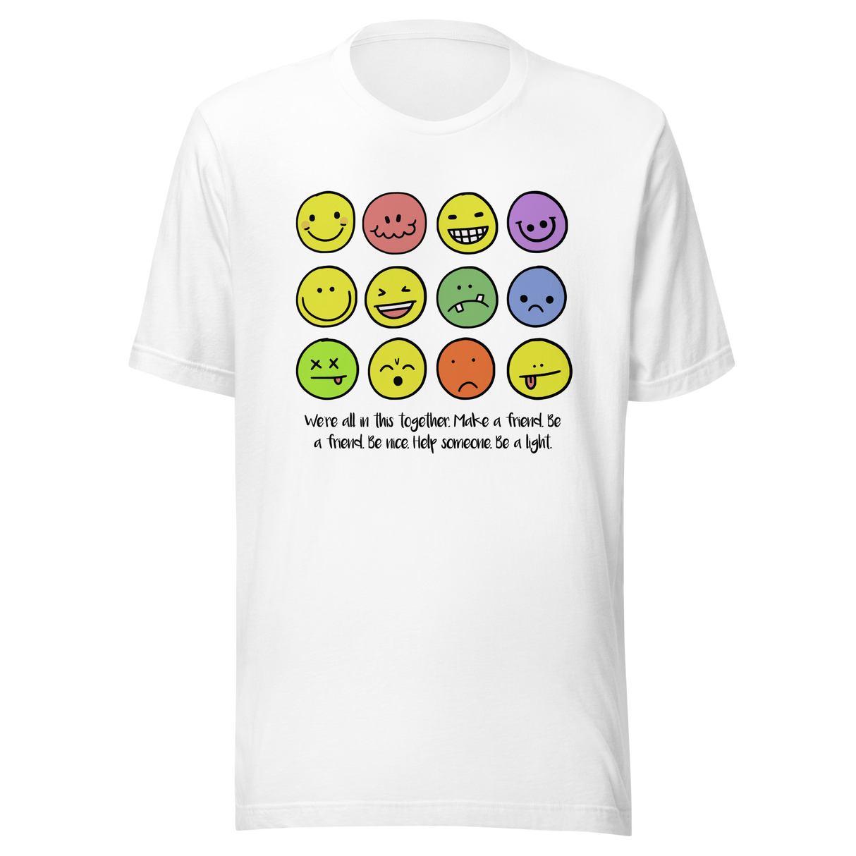 smiling-faces-drawing-multi-color-4x3-smiling-tee-smile-t-shirt-happy-tee-simple-t-shirt-gift-tee#color_white
