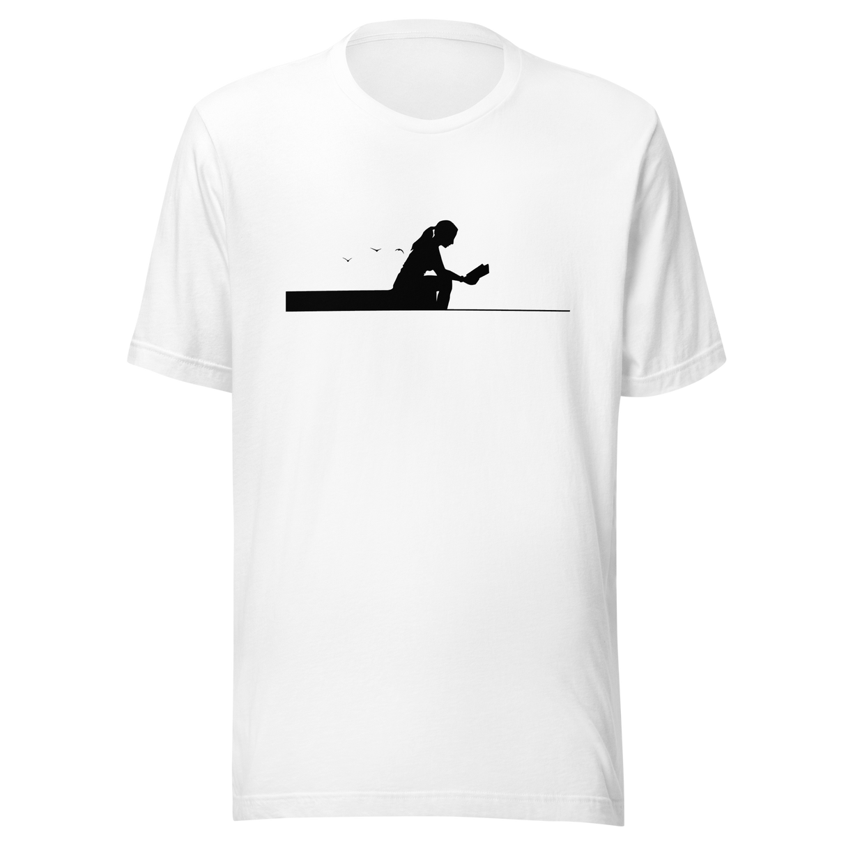 lady-reading-book-sitting-on-edge-of-pier-silhouette-reading-tee-read-t-shirt-books-tee-lake-t-shirt-ladies-tee#color_white