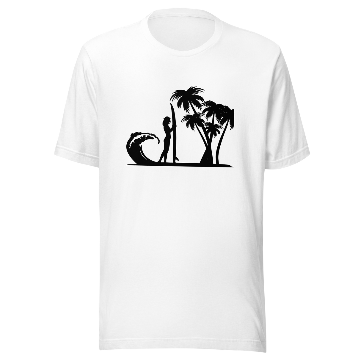 surfer-standing-on-beach-with-wave-and-palm-trees-surf-tee-beach-t-shirt-surfer-tee-beach-t-shirt-surfing-tee#color_white