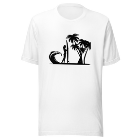 surfer-standing-on-beach-with-wave-and-palm-trees-surf-tee-beach-t-shirt-surfer-tee-beach-t-shirt-surfing-tee#color_white