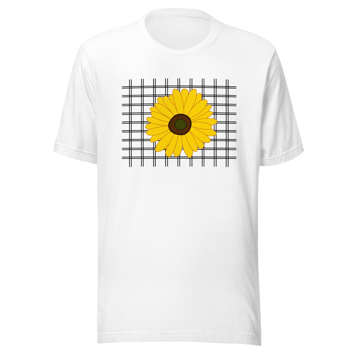 sunflower-on-a-grid-background-sunflower-tee-yellow-t-shirt-flower-tee-floral-t-shirt-ladies-tee#color_white