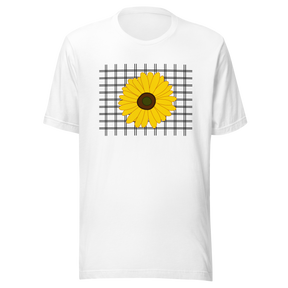 sunflower-on-a-grid-background-sunflower-tee-yellow-t-shirt-flower-tee-floral-t-shirt-ladies-tee#color_white