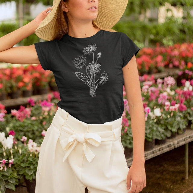 bouquet-of-sunflowers-black-and-white-outline-sunflower-tee-flower-t-shirt-yellow-tee-floral-t-shirt-ladies-teewhite#color_black