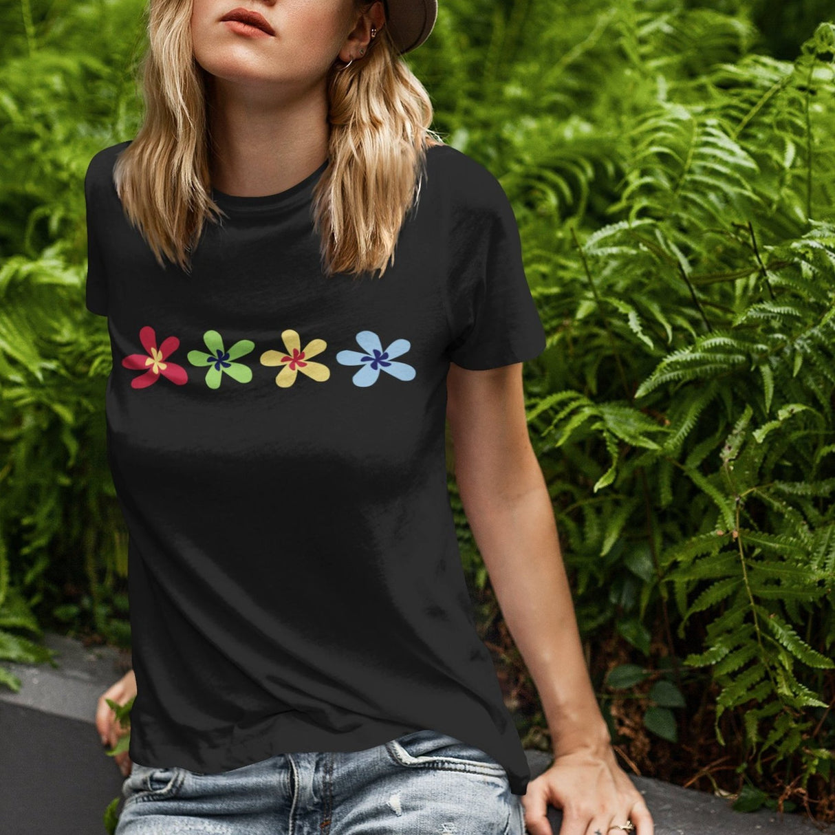multi-color-flowers-4-in-a-row-flower-tee-summer-t-shirt-green-tee-floral-t-shirt-simple-tee#color_black