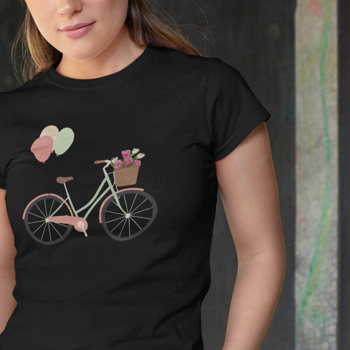 bicycle-with-flowers-in-front-basket-and-balloons-tied-to-back-bicycle-tee-bike-t-shirt-balloons-tee-gift-t-shirt-mom-tee#color_black