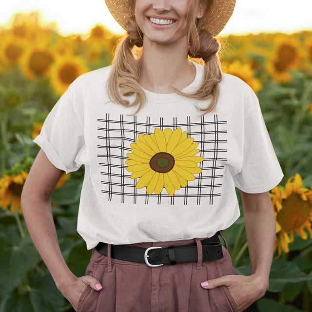 sunflower-on-a-grid-background-sunflower-tee-yellow-t-shirt-flower-tee-floral-t-shirt-ladies-tee#color_white