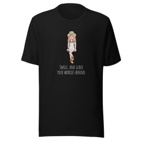smile-and-leave-your-worries-behind-smile-tee-happy-t-shirt-worries-tee-inspirational-t-shirt-motivational-tee#color_black